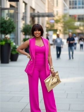 Fuchsia Wide-Leg Jumpsuit with Sleeveless Tailored Vest